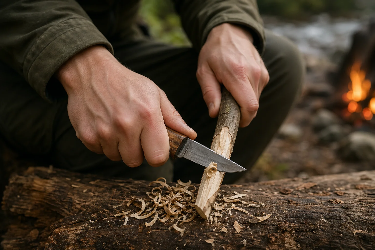 Copeaux légers et couteau bushcraft reposant sur une bille coupée grossièrement pour un atelier sous tente