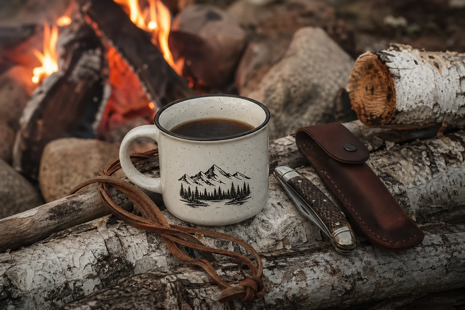 Tasse émail bleu nuit pose près du foyer de pierres et braises encore rouges au petit déjeuner de camp