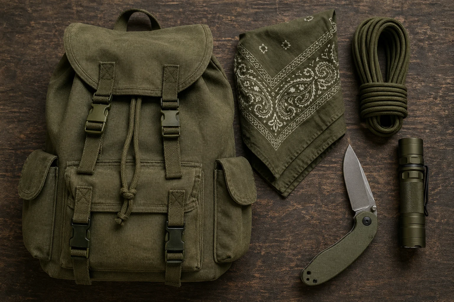 Trousse verte olive : étui nylon, fermoirs métal et sangles alignés sur textile de tarp