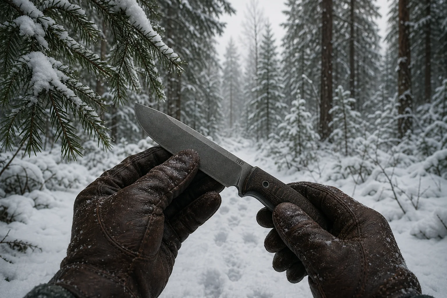 Forêt sous neige dense : gant gris fermé dans la main lors d’une halte hors piste nordique