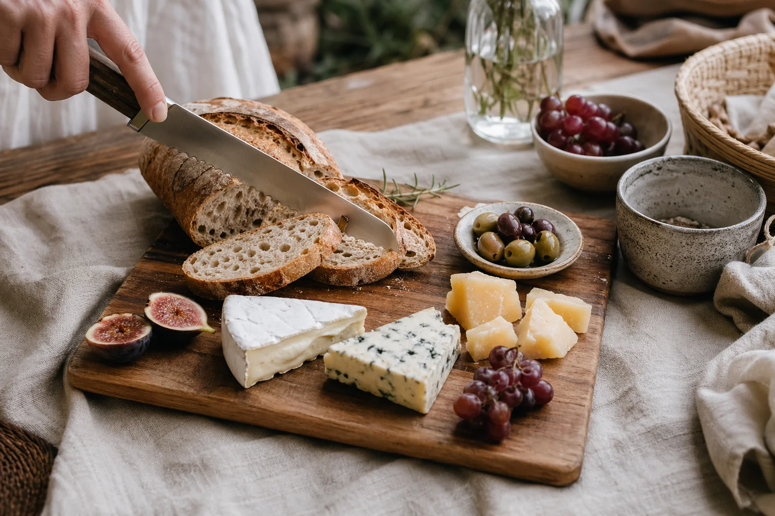 Partage champêtre : pains campagnards, plateau de fromage et nappe quadrillée façon picnic forestier